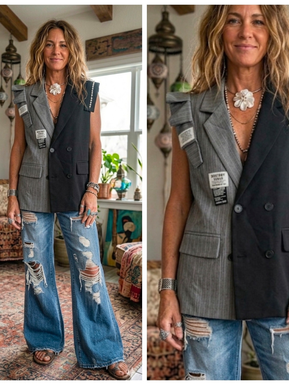 Two-Tone Pinstripe & Black Sleeveless Ruffle Sleeve Blazer Vest